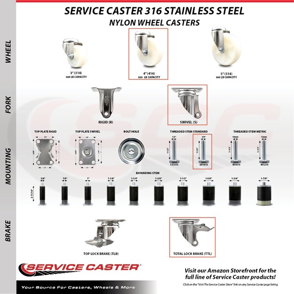 Service Caster 4 Inch 316SS Nylon Swivel 3/8 Inch Threaded Stem Caster Total Lock Brake SCC SCC-SS316TSTTL20S414-NYS-381615 - main